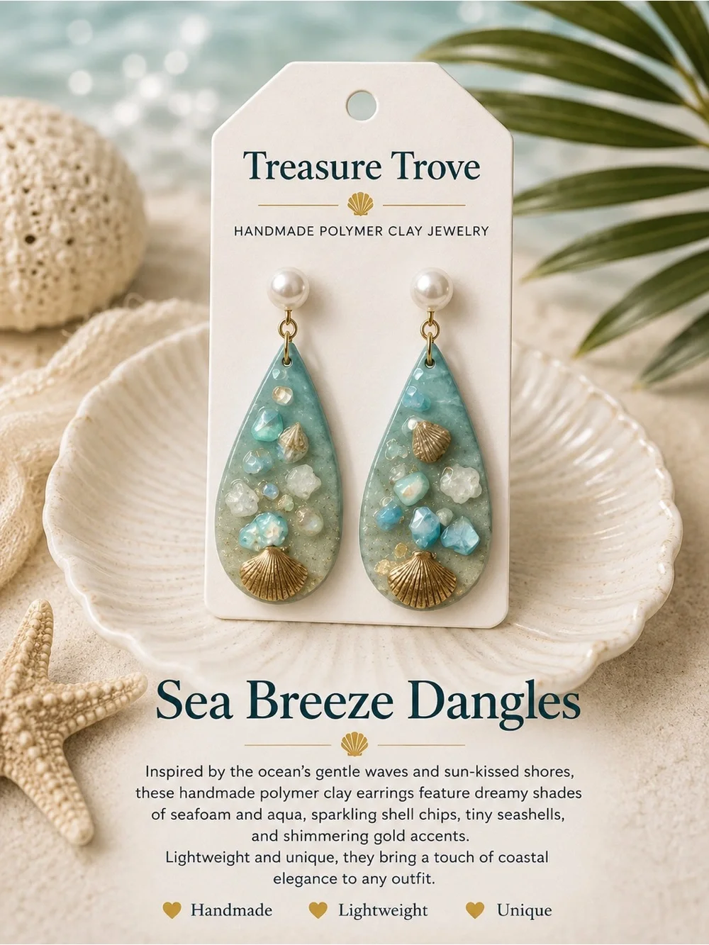Treasure Trove Seafoam Teardrop Earrings with Gold Shell Accents